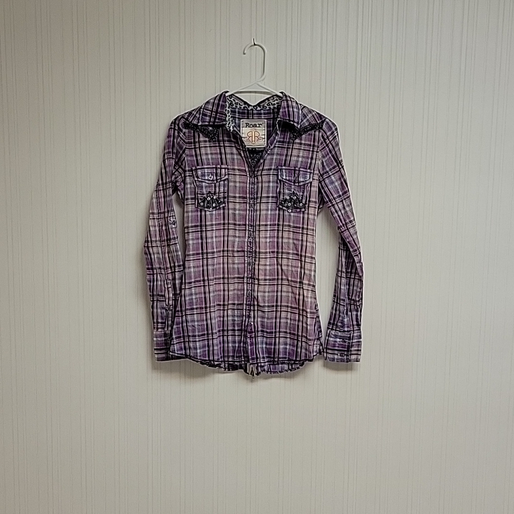 Roar purple plaid embellished western shirt small farmhouse festival